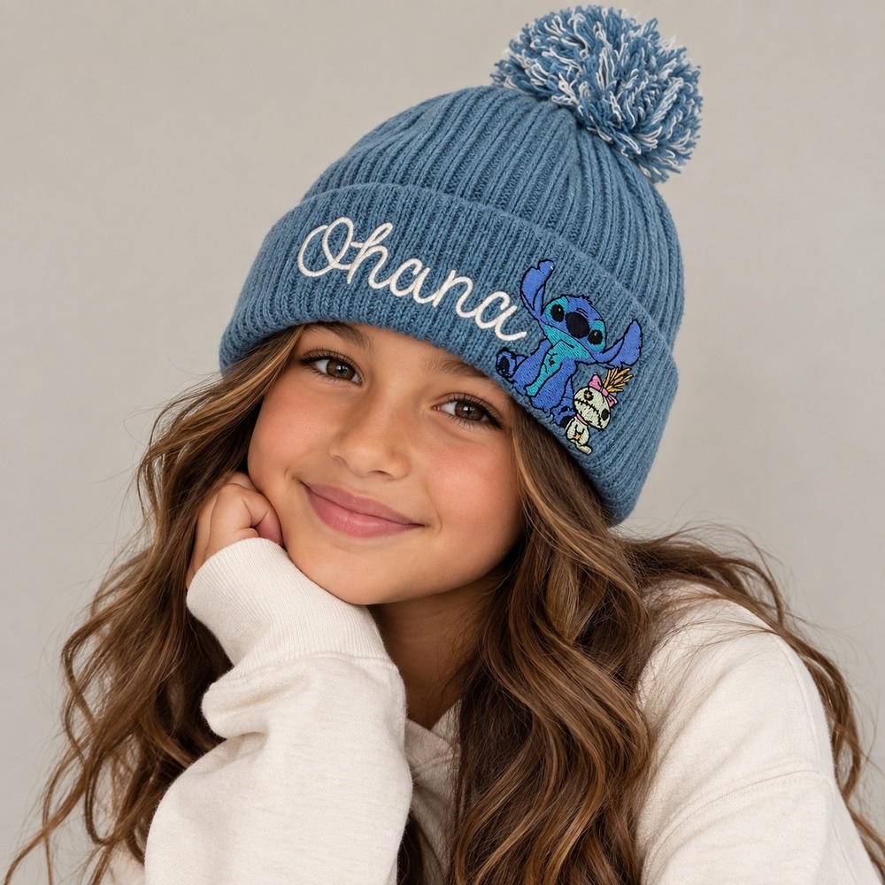 Disney Lilo & Stitch Ohana Blue Ribbed Knit Pom Beanie Hat X-0015